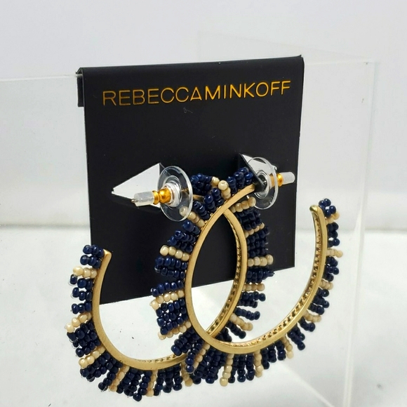 Rebecca Minkoff Beaded Fringe Hoop Earrings Blue pearl beads gold frame - Picture 1 of 3